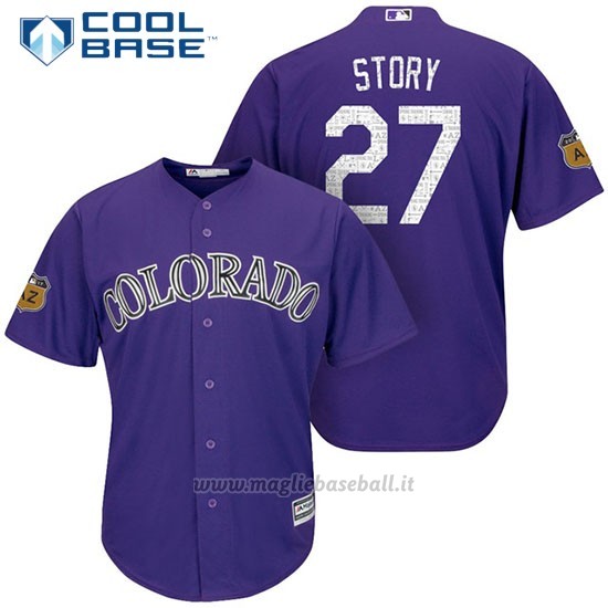 Maglia Baseball Uomo Colorado Rockies Trevor Story 27 Viola 2017 Allenamento Primaverile Cool Base Giocatore